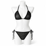 Women Bikini Set 2pcs Black Halter Triangle Swimsuit, Tie Side V Shape Bottom, Solid Color Beach Vacation Swimwear