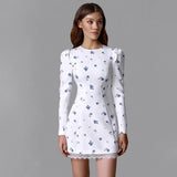 Ahagaga Elegant Women's Mini Dresses Print Heart-shaped Cutout Slim Fit A-Line Regualr Long Sleeves Trend O-Neck Lace Patchwork