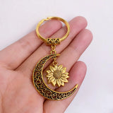 Trendy Fashion Gold Color Hollowed-out Crescent Moon Sunflower Pendant Keychain for Women Bag Pendant Jewelry Accessories Gifts