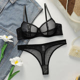 Solid color transparent lace stripe 2-piece set paired with sexy thong new women's underwear set girls Lingerie