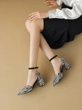 Zebra Leopard Animal Print Pointed Closed Toe Block High Heels Lady Mature Summer Shoes V-cut Designer Women Dress Pumps Sandals