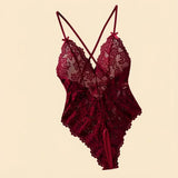 Date-specific Deep V cut WineRed lace one-piece dress. Lightweight sheer cross-strapped women's sexy lingerie set.