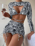 Long Sleeve Printed Halter Bikini Female Swimsuit Women Swimwear Four-pieces Bikini Set with Mesh Skirt Bathing Suit Beach Wear