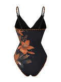 Vintage Black Floral Print Swimwear Women Mesh Tassel Skirt Sets V Neck Slimming Bathing Suit Holiday One Piece Swimsuit 2026