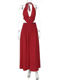 FDYOUI Sexy Halter Neck Backless Wedding Party Dress Women 2026 Summer Hollow Out Lace-up Long Maxi Evening Dresses Red Gowns