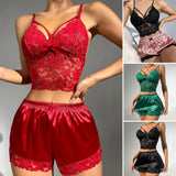 2 Pcs/Set Women Pajama Set Hollow Out Lace V Neck Sleeveless Crop Top High Waist Satin Shorts Anniversary Sleepwear Outfits