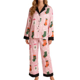 Women's Christmas Pajamas Set Long Sleeve V Neck Stocking Tree Print Tops and Pants Lounge Wear Two Pieces Suits
