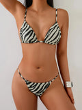 Women's Zebra Stripe Print Bikini Set Casual Sexy Backless Tie Swimwear Top Beach Vacation Two-Piece Swimsuit