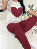 Autumn Winter Round Neck Short Sleeve Long Pants with Ribbed Stripes and Letter Heart Print Women's Pajamas Home Wear
