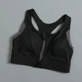 Women's sports and fitness bra with contrasting color design, shock-absorbing and gathered front zipper