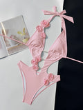 2026 V-neck Halter Monokini 3D Floral Swimsuit Women One Piece Hollow Swimwear Female Sexy Bathers Bathing Swimming Swim Suit