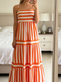 Women's Striped Print Dress Sleeveless Spaghetti Strap Square Neck Tiered Long Dress for Holiday Casual Boho Sundress