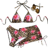 Sexy 3 Pieces Suit Swimwear Women Leopard Print Micro Bikini Set+Gauze Skirt Cover Up Beachwear Backless Lace-up Bathing Suits
