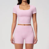 Speed Drying Tight Yoga Sets Women Color Contrast Short Sleeve Slim Sports Top High Waist Leggings Running Fitness Athletic Wear
