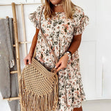 Summer Lady Ruffle Mini A Line Dress Women Casual Floral Print Dresses O Neck Elegant Short Sleeve Midi Dress Vacation Vestidos