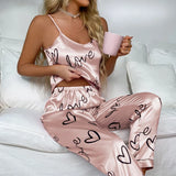 Ladies Heart Print Pajama Set Sexy V Neck Cami Top & Elastic Waistband Pants Pyjama 2 Pieces Women's Sleepwear & Loungewear Pjs