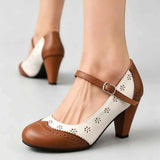 2026 Plus Size 48 Vintage Brown 7.5cm High Heels Mary Janes Pumps Retro Comfy Walk Summer Pink Office Lady Brogue Shoes Women