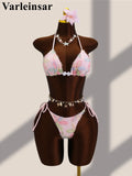 With Sarong Flower Printed Halter Bikini Female Swimsuit Women Swimwear Three-pieces Bikini set Bather Bathing Suit Swim V8321