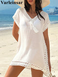 New V Neck Short Sleeve Solid Crochet Knitted Tunic Beach Cover Up Cover-ups Beach Dress Beach Wear Beachwear Female Women V7914
