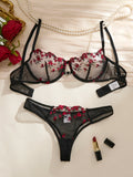 BlackRed Embroidered Floral Lingerie Set - Sexy Bra And G-string Combo with Heart Decoration Underwear Set for Women ZA824028