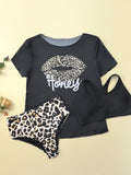 Women Leopard Print Lips Vest Bikinis Sets Three Pieces with Perspective Mesh Cover Crop Tops Swimsuit Bathing Suit Biquini