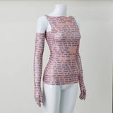 AHAgaga Sexy Tee T-shirt Women 2025 Summer Casual Letter Print Skinny See Through With Gloves Cropped Shirts Women Female Blusas