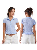 Women Plaid Shirts Button Down Puff Short Sleeve Lapel Neck Tops Fashion Slim Fit Ruffle Trim Blouses Summer