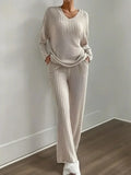 Autumn and Winter Casual V-neck Pocket Striped Knited Tops and Long Trousers Two-piece Sets, Women's Pajamas Set Sleepwear
