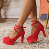 Large Size 42 Sexy Super High Heels Shoes for Women Ankle Buckle Chunky Platform Pumps Woman Black Flock Square Heel Party Shoes