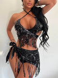 DEKA  Brazilian Silver Sequin Tassel Bikini Set Women's Halter Fringes Bra Shorts Nightclub Swimsuit Dance Stage Outfit Swimwear