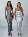 Faux Leather Slim Spaghetti Strap Dress For Women Strap Long Dresses Package Hip Bodycon Sexy Low Cut Party Evening Vestidos