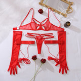 Toucheart Sexy Mesh Lingerie Split Kit with Gloves Steel Ring Laceup Patchwork Skinny See-through Hollow Interesting Private Set