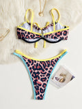 Contrast Color Leopard Swimsuit for Women Sexy Push Up Thong Bathing Suit Beachwear Underwire Low Waist Swimwear String Bikinis