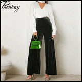 Autumn Winter Velvet Wide-Leg Pants Elegant Ruffled High-Waisted Straight-Leg Pants for Lady Casual Commuter Loose-Fit Trousers