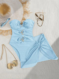 XS - L 6 Colors With Skirt Cut Out Women Swimwear Bandeau Metal Ring Bather Bathing Suit Swim One Piece Swimsuit Female K8108