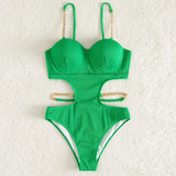 Sexy Push Up Underwire One Piece Swimsuit Women Solid Pink Metal Chain Hollow Out Ribbed Bathing Suit Backless Swimwear Monokini