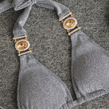 4 Colors Sexy Bikini Women Solid Shining Swimwear Swimsuit Crystal Diamond Female Bandage Halter Beach Bikinis Set Bathing Suit