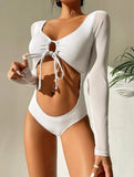 2026 White Swimsuit One Piece Solid Long Sleeve Swimwear Women Bathing Suit Female Cut Out Swimming Summer Beachwear Bodysuit