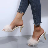 Summer Elegant Open Toe Plush Slippers for Women 2025 Suede High Heels Slippers Women Luxury Solid Thin Heels Woman Slides