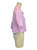 Y2K Style Pink Striped Crop Blouse for Women Short Sleeve Lapel Button-Up Women's Shirt Back Tie Top Lady Summer Casual Outfit