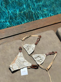 2025 Boho Crochet Bikini Set Cream Knit with Leather Straps Metal Buckles Perfect for Beach Wear Pool Parties Summer Getaways