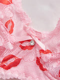 3PCS Sexy Lace Lip Print Women Lingerie Set Hollow Out Mesh Unlined Underwire Bra Bow & Rhinestone Sexy Bras