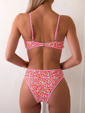 Rose Red Flower Print Bikini Set Women 2026 Summer New High Waist 2 Piece Swimsuit V-neck Bra Push Suspender Backless Swimwear