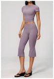 Yoga Set for Women High Waist Hip Lifting Tight Mid Pants Fitness Suit Short Sleeve O Neck Slimming Sports T Shirt Athletic Wear