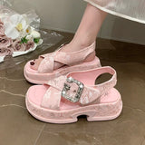 Fashion Crystal Buckle Platform Sandals Women Pink Embroidery Thick Heels Sandalias Mujer Comfortable Heightened Rome Sandals