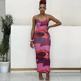Color Printed Spaghetti Strap Maxi Dresses For Women Sexy V-neck Slim Backless Folds Dress Fashion Evening Party Elegant Vestido