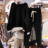 2 Pcs/Set Women Sweatshirt Pants Set Fake Two-piece Crew Neck Loose Elastic Waist Drawstring Casual Women Autumn Tracksuit