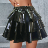 Women's Gold Metallic Tiered Mini Skirt Elastic High Waist Shiny Pu Ruffle Hem Party Skirts Dance Performance Festival Outfits