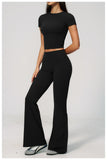 Creamy 2 Pieces Workout Suit Women Yoga Outfits Short Sleeve O Neck Slim Sports T Shirts High Waist Flare Pants Gym Fitness Sets