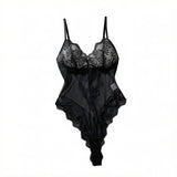 Black Sheer Mesh Teddy Bodysuit Women Floral Lace V Neck Ruffle Trim One Piece Lingerie Intimate Body Suit Sleepwear ZA825256